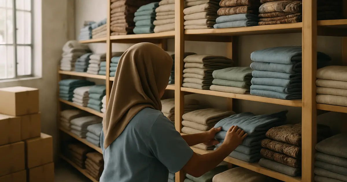 Pemilik usaha menata stok pakaian di rak gudang konveksi dengan cahaya alami