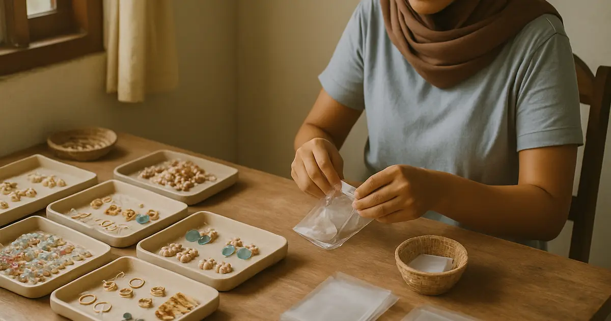 Meja kerja usaha aksesoris rumahan dengan tray anting dan gelang sedang dipilah dan dikemas