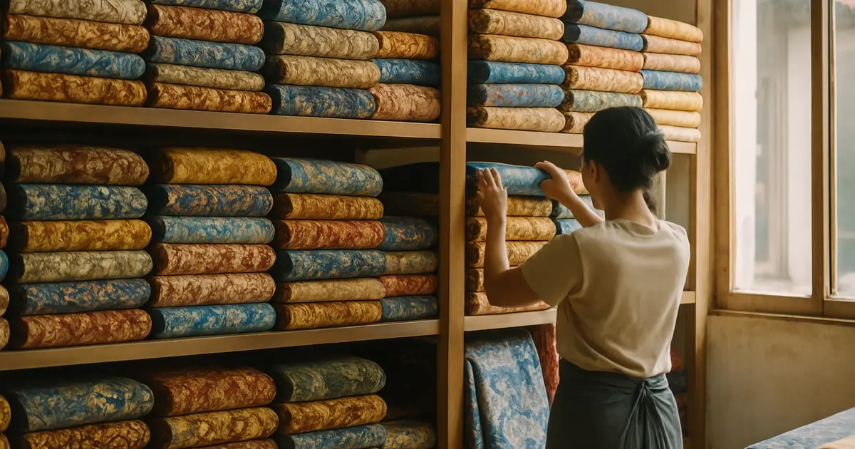 Gulungan kain batik warna-warni tersusun di rak gudang tekstil dengan pemilik usaha menata kain