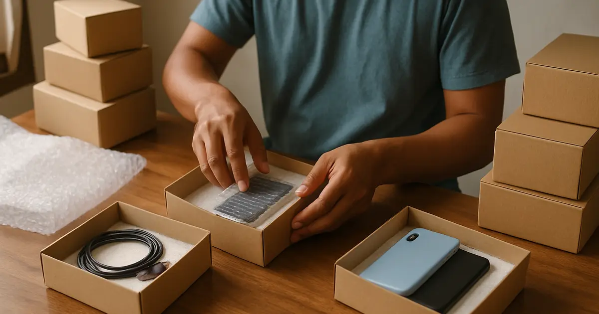 Reseller mengemas aksesoris gadget dan elektronik kecil ke dalam kotak berpelapis di meja kerja