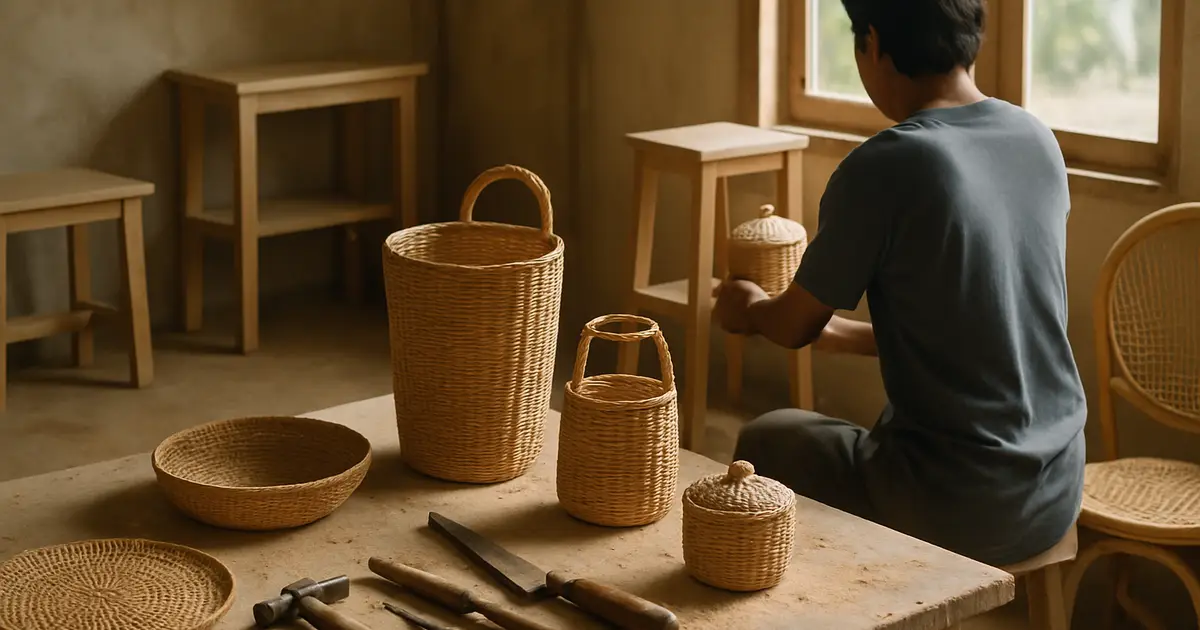 Workshop kerajinan kayu dan rotan dengan produk furniture dan anyaman yang tertata di meja kerja