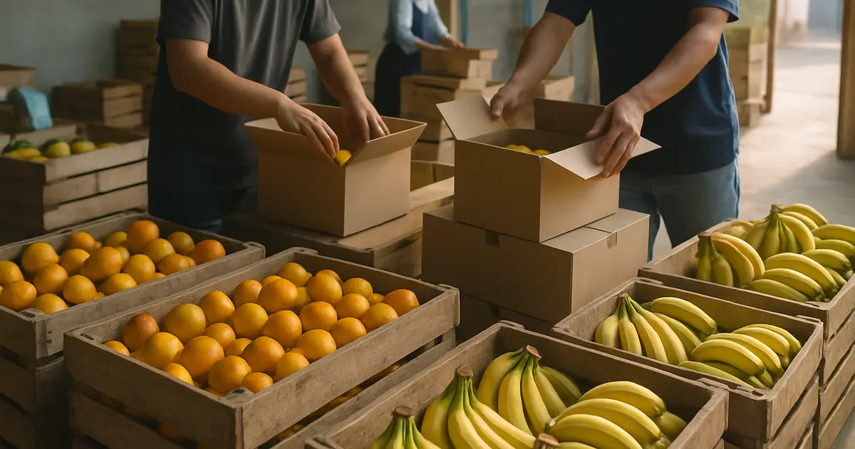 Gudang sortir buah segar dengan peti berisi jeruk dan pisang siap dikemas untuk reseller