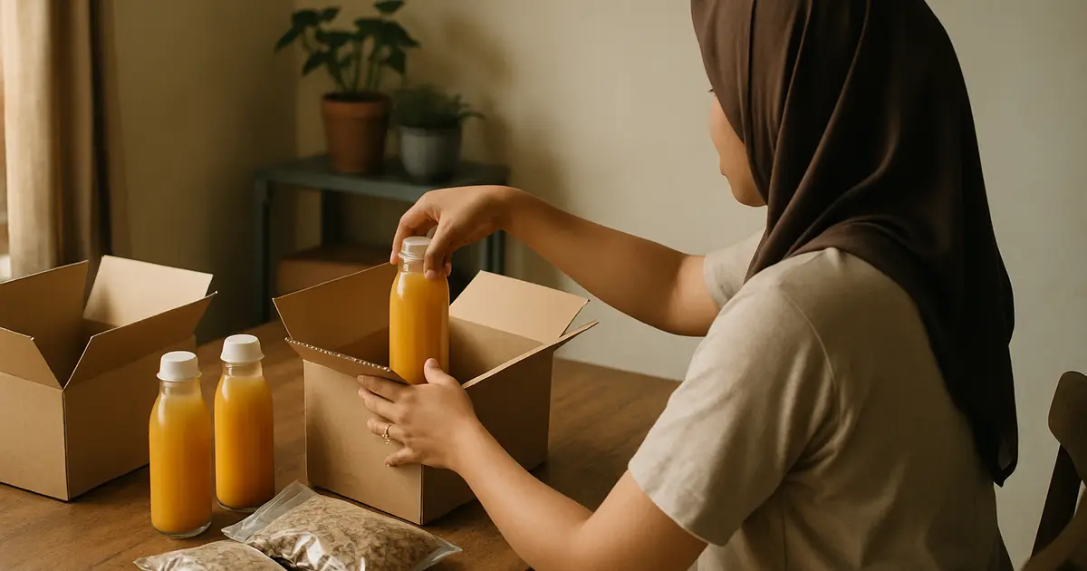 Pelaku usaha herbal mengemas botol jamu dan rempah ke dalam kotak pengiriman di meja kayu