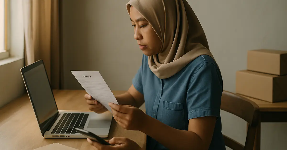 Pelaku usaha kecil di rumah mengecek pesanan jasa lewat laptop dan ponsel di meja kerja