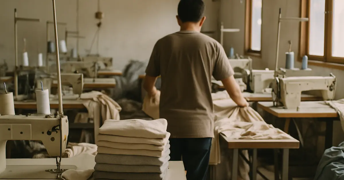 Suasana workshop konveksi kaos dengan mesin jahit dan tumpukan kaos polos