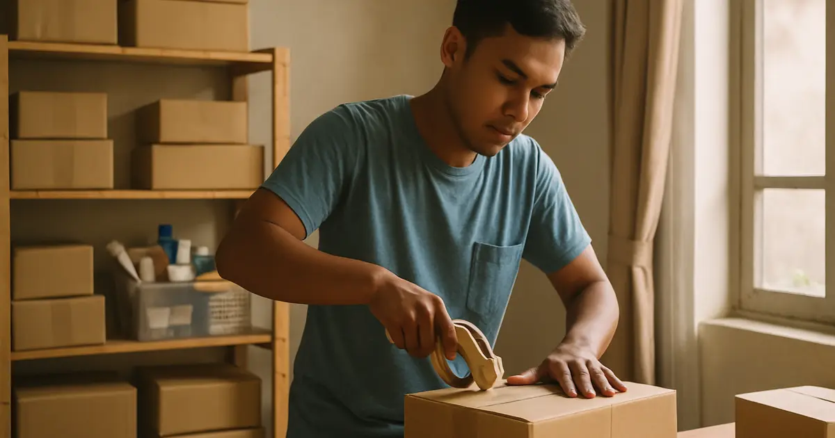 Pemilik usaha kecil mengemas aneka produk ke dalam kardus di gudang rumahan