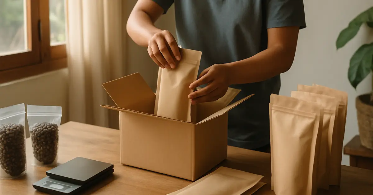 Reseller mengemas kopi bubuk dalam pouch untuk dikirim ke pembeli di meja kerja rumahan