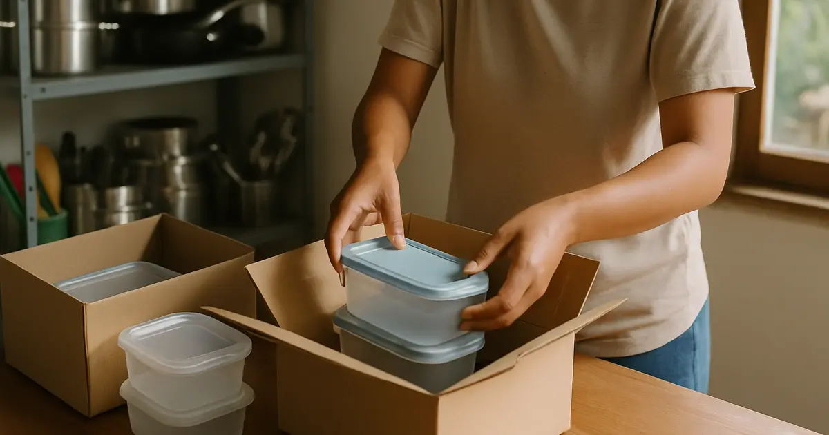 Reseller mengemas peralatan dapur dan wadah plastik ke dalam kardus di meja kerja rumahan
