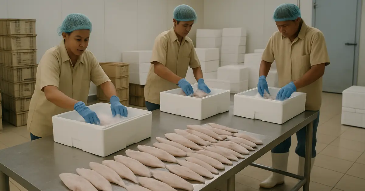 Pekerja mengemas ikan segar dengan es ke dalam box styrofoam di gudang penyimpanan dingin