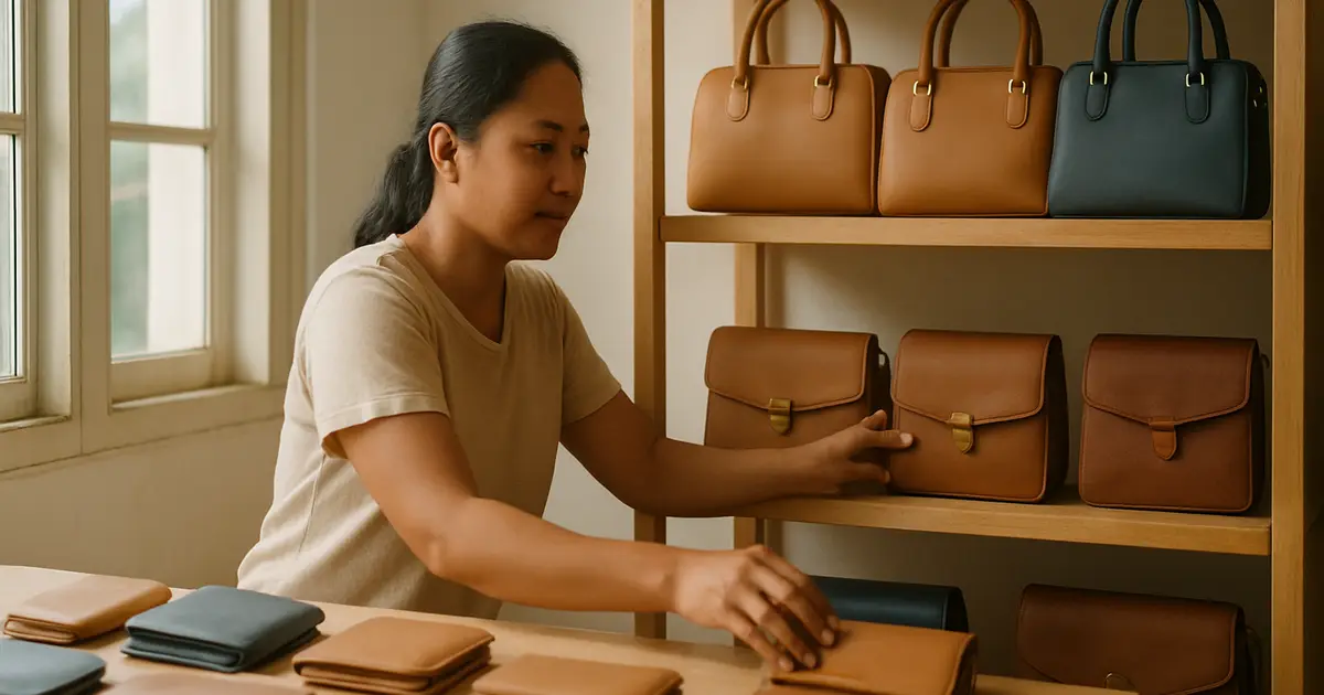 Pemilik usaha menata tas dan dompet di rak kayu workshop rumahan