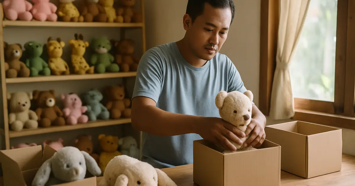 Pemilik usaha kecil mengemas boneka dan mainan ke dalam kardus di meja kerja