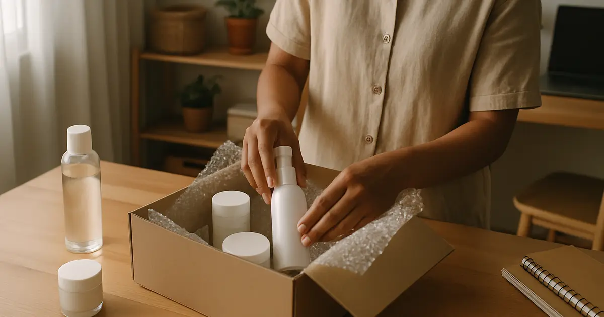 Reseller mengemas botol skincare dengan bubble wrap di meja kerja rumah