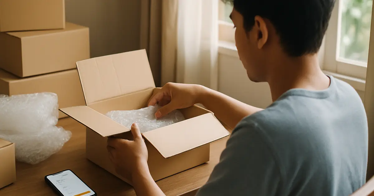 Pelaku usaha kecil sedang mengemas paket pesanan di meja rumah untuk dikirim ke pembeli
