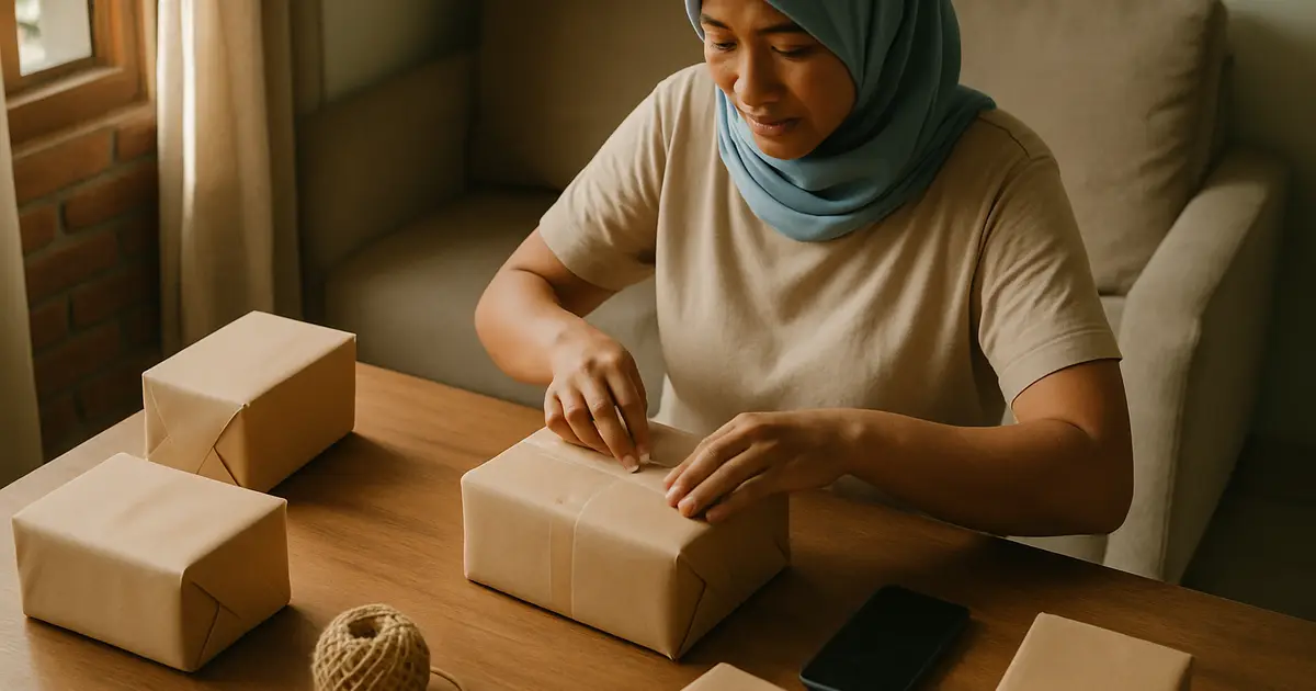 Pelaku usaha kecil mengemas paket produk di meja rumah dengan cahaya pagi alami