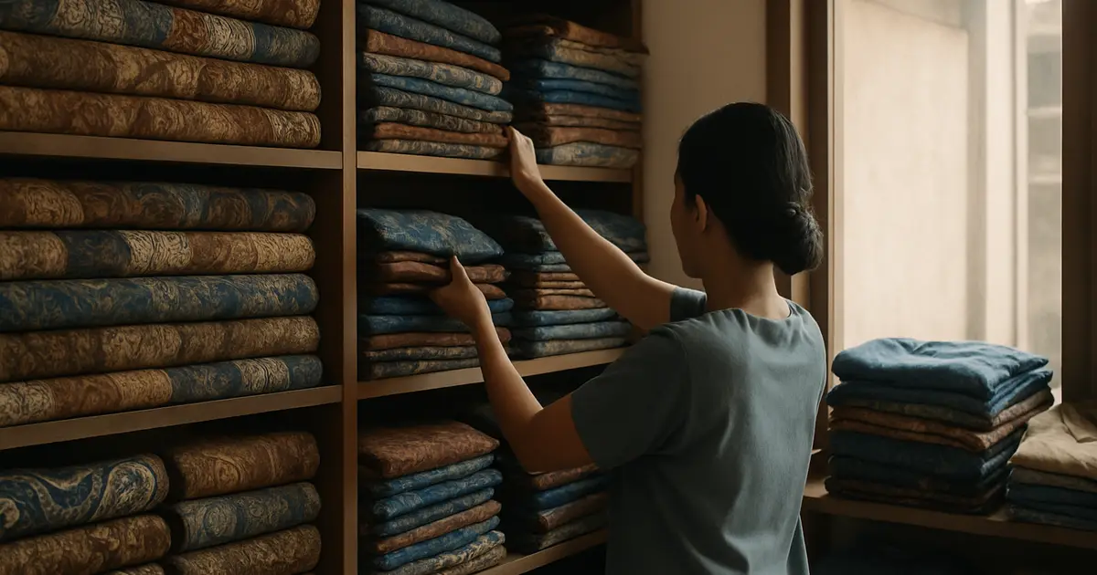 Toko grosir kain dan batik di Solo dengan tumpukan produk tertata rapi di rak kayu