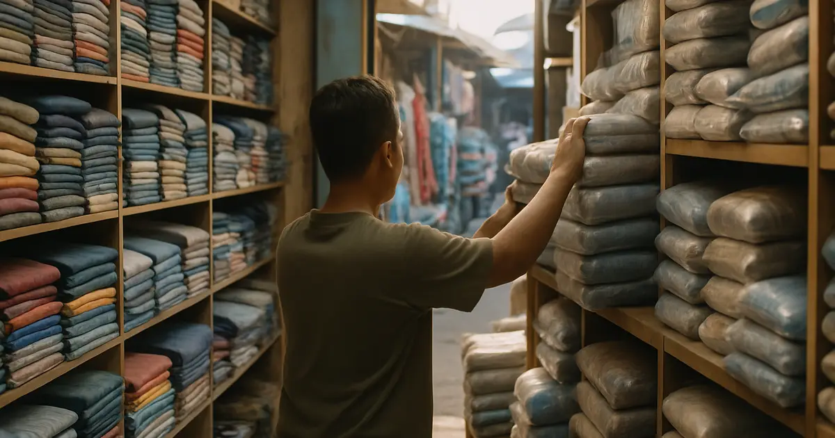 Suasana pasar grosir tekstil di Surabaya dengan tumpukan kain dan paket barang di rak kayu