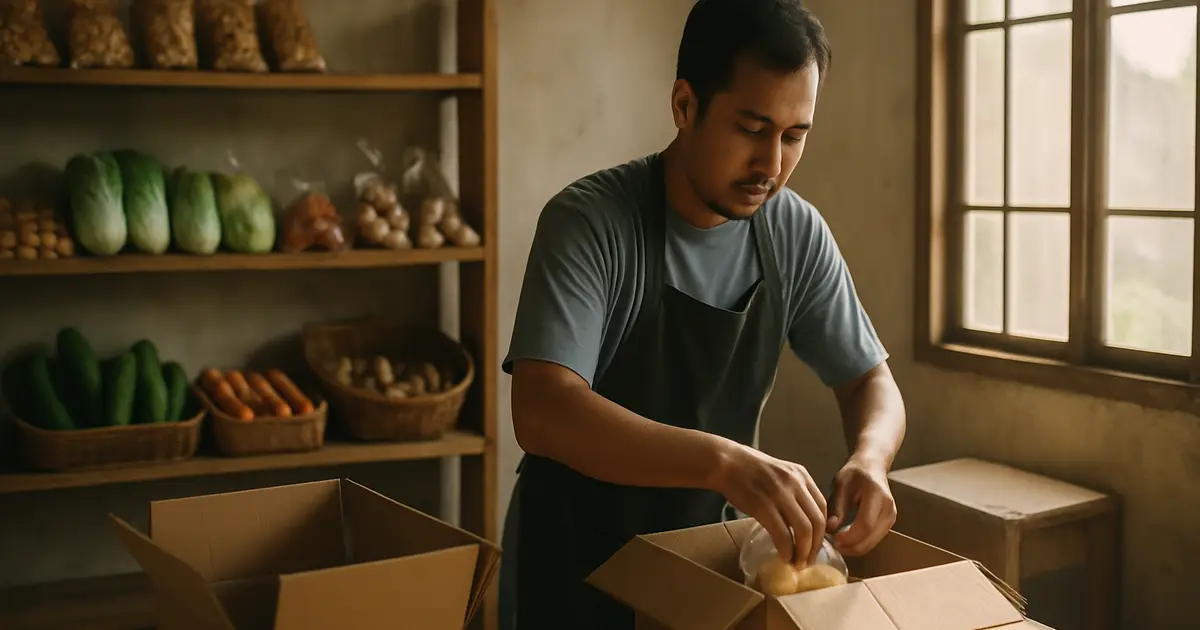 Pemilik usaha grosir di Bogor mengemas pesanan produk di gudang kecil dengan cahaya pagi alami