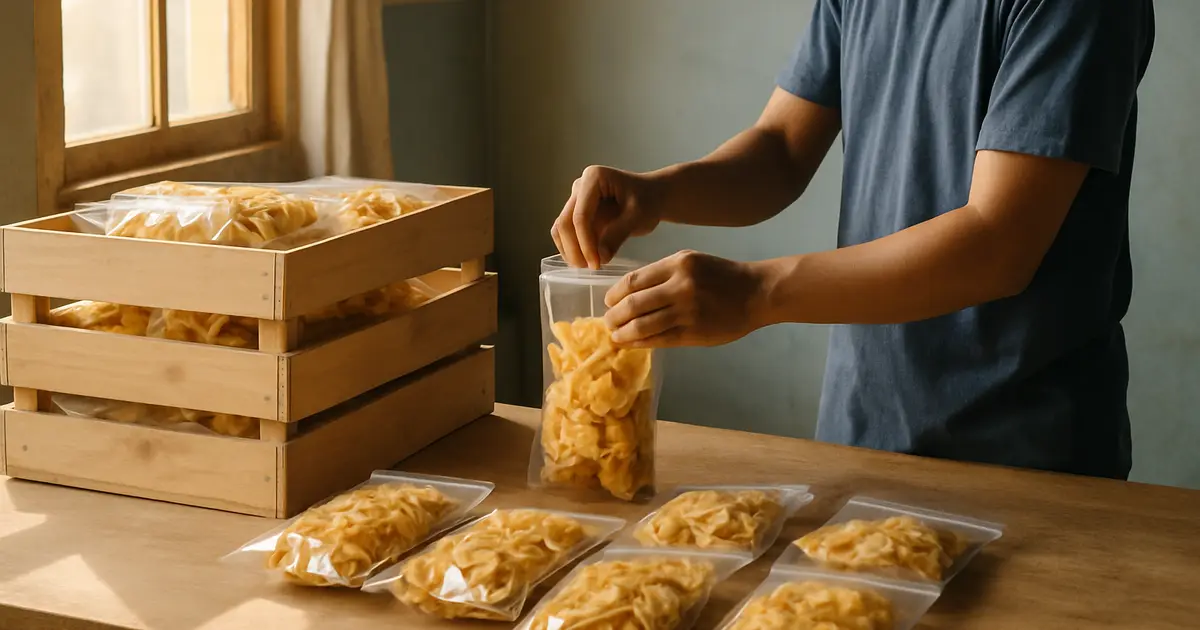 Suasana produksi camilan keripik di sebuah usaha kecil di Malang dengan tangan pekerja mengemas produk