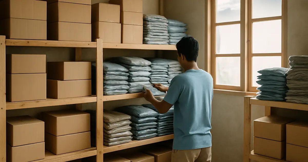 Gudang kecil supplier grosir dengan rak berisi kardus dan barang, seseorang menyortir produk