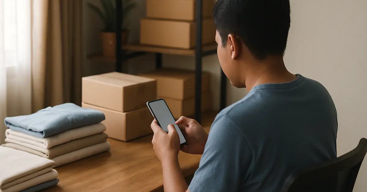 Reseller mengetik pesan WhatsApp ke supplier sambil dikelilingi tumpukan produk dan kotak paket